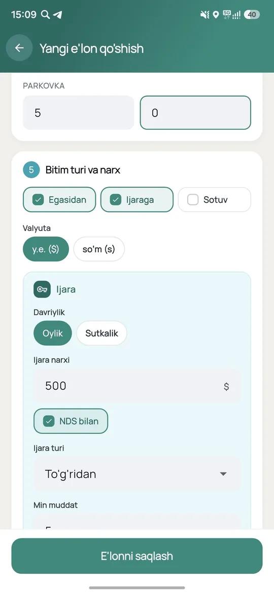 Arendator ilovasida yangi e'lon qo'shish shakli