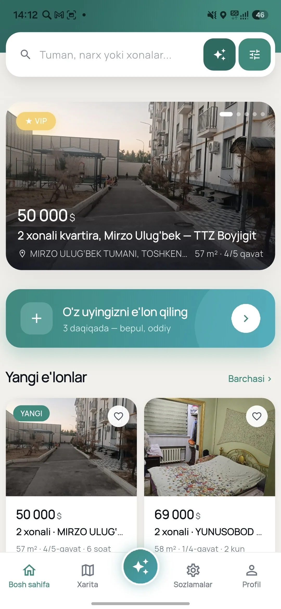 Arendator ilovasi telefon ekranida: e'lonlar lentasi