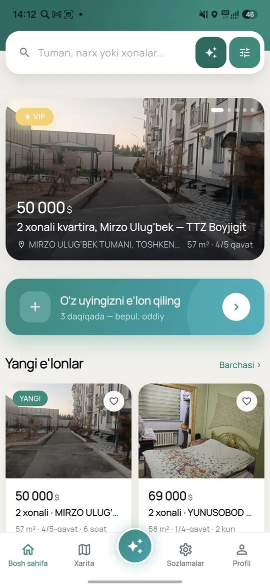 Arendator ilovasining bosh sahifasi: e'lonlar lentasi va qidiruv