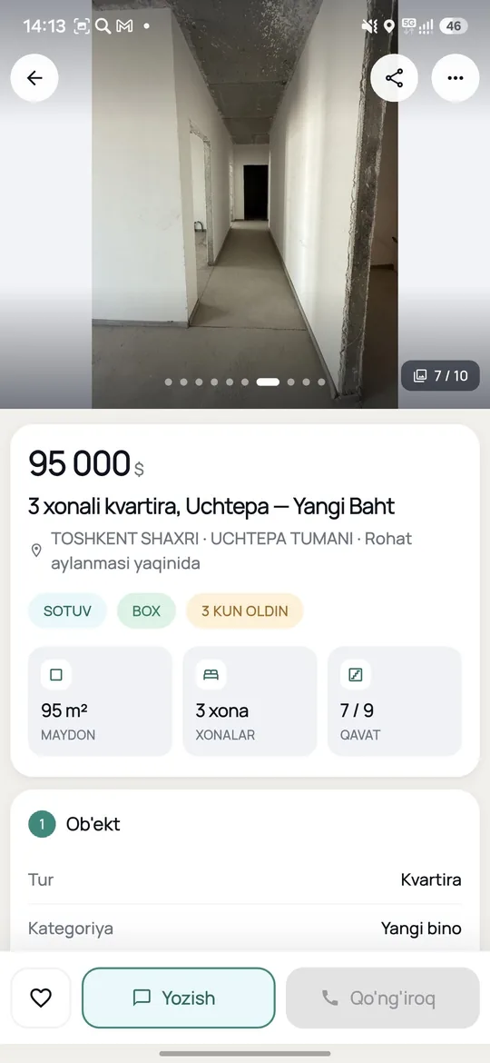 Arendator ilovasida e'lon sahifasi: rasmlar va tafsilotlar